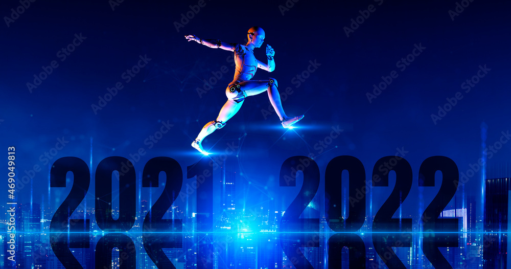 Poster 2022 new year metaverse digital smart world,3d robot in ar augmented reality and vr virtual reality 