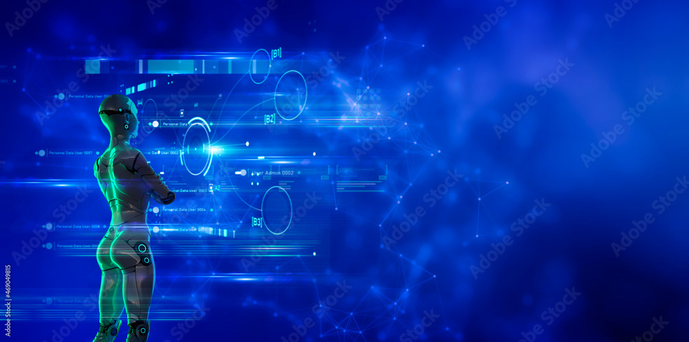 Poster 3d humanoid robot, future futuristic ai artificial intelligence industry automated digital world met