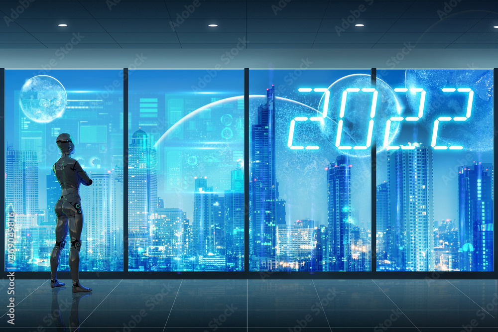Poster 2022 new year metaverse digital smart world,3d robot in ar augmented reality and vr virtual reality 