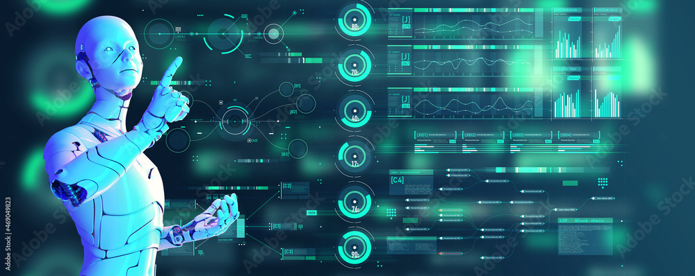 Poster 3d humanoid robot, future futuristic ai artificial intelligence industry automated digital world met