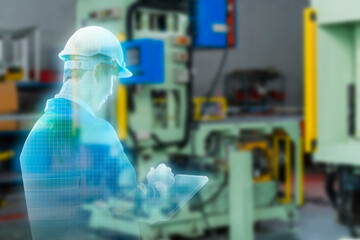 Smart factory, industry 4.0 manufacturing , virtual AR augmented reality engineer working in...