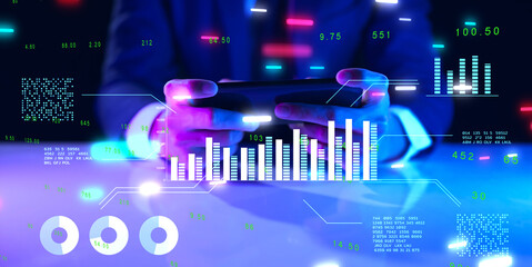 Smart businessman hand close up GameFi NFT financial data on mobile futuristic stock chart graphic,...