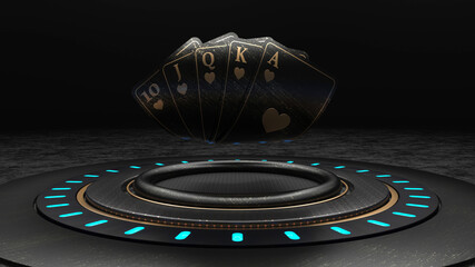 Casino Poker Cards With Royal Flash On Luxury Black Stage - 3D Illustration