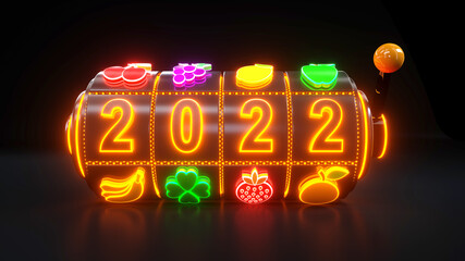 2022 Year Casino Gambling Concept, Jackpot And Fortune Slot Machine With Fruit Icons. Slot Machine With Neon Lights - 3D Illustration