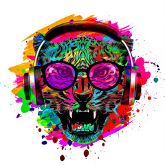 abstract colored tiger muzzle in eyeglasses and headphones isolated on white background with paint splashes