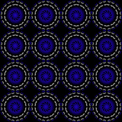 Fashionable hand-drawn ornament. An endless pattern of round blue-white mandalas on a dark background. Design of background, template, wallpaper, textiles, fabric, packaging paper.