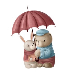 warm hugs of bear and hare under umbrella, children's illustration, watercolor style clipart with cartoon characters