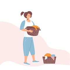 A happy girl collects laundry for washing and goes to the laundry room. Vector hand-drawn illustration