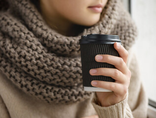 Girl is holding a paper cup with coffee.