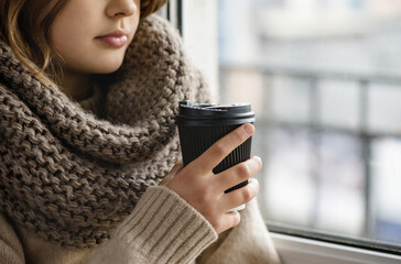 Girl is holding a paper cup with coffee.