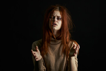 scared woman with bruises under her eyes beating depression abuse