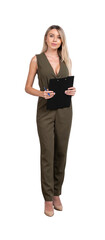 Young attractive smiling businesswoman wearing formal jumpsuit i