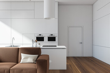 Fototapeta premium White kitchen space with dark beige sofa