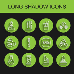 Set line Test tube, Old hourglass, Alcohol or spirit burner, Microscope, Ozone and Sulfur dioxide SO2 icon. Vector