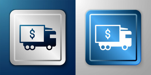 Obraz premium White Armored truck icon isolated on blue and grey background. Silver and blue square button. Vector
