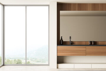 Naklejka na ściany i meble Light bathroom interior with sink and mirror, panoramic window