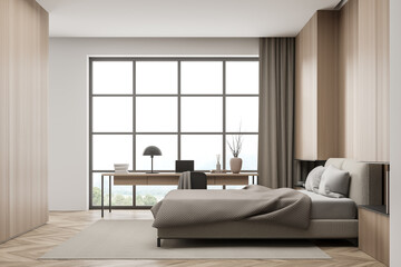 Wooden bedroom interior with bed on carpet, window and workplace