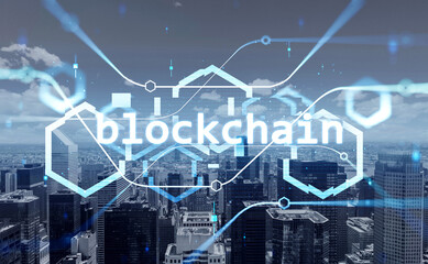 Blockchain technology and New York skyscrapers, digital hologram with lines