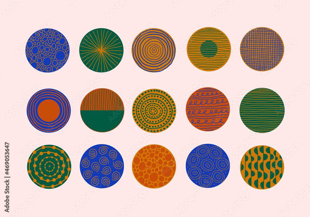 Poster modern abstract set colorful round shapes with lines, circles, dots, drops. contemporary vector hand