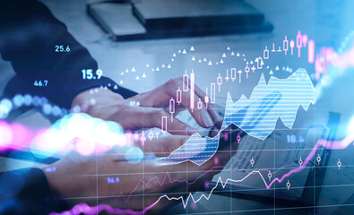 Businesswoman fingers touch smartphone, graph changes with rising candlesticks