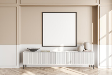 Empty frame mockup on beige and white living room wall