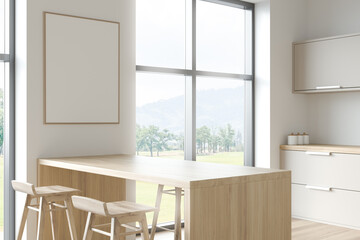 Light kitchen set interior with table and bar chairs near window. Poster menu