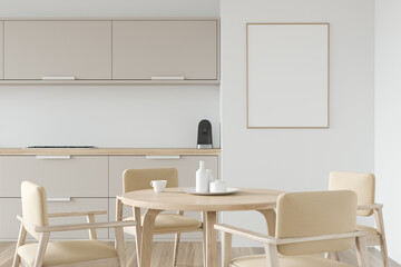 White kitchen set interior with table and beige chairs. Poster menu