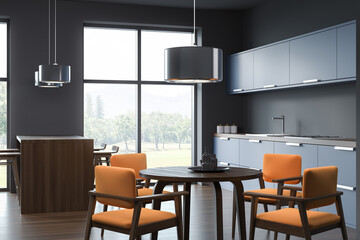 Dark kitchen set interior with table and armchairs, shelf with kitchenware
