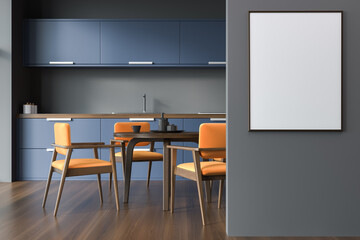 Dark kitchen set interior with table and orange chairs. Poster menu