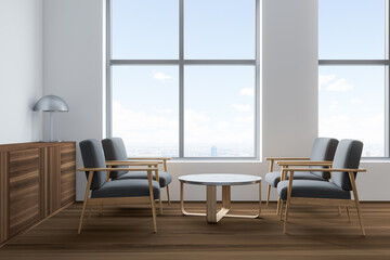 Side view on bright office room interior with panoramic window