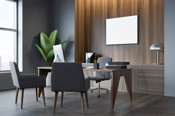 Dark business consulting room interior with furniture and window. Mockup poster