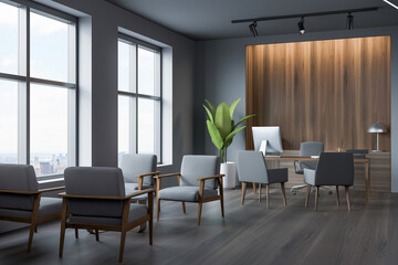 Dark office room interior with panoramic window, seven comfortable armchairs