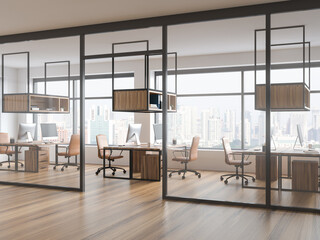 Hallway in white and wood office area with frame glass wall