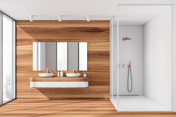 Bright bathroom interior with shower, two sinks, mirror