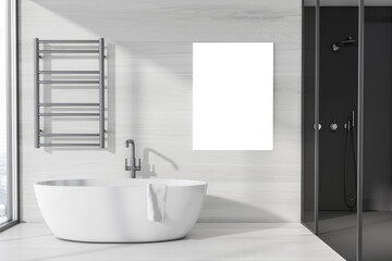 Fototapeta na wymiar Dark bathroom interior with empty white poster, bathtub, shower