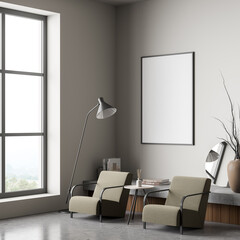 Frame in light beige living room with dark green armchairs. Corner view.