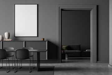 Dark dining room interior with empty white poster, four chairs