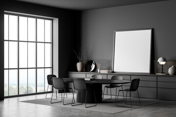 Standing canvas in panoramic grey dining room. Corner view.