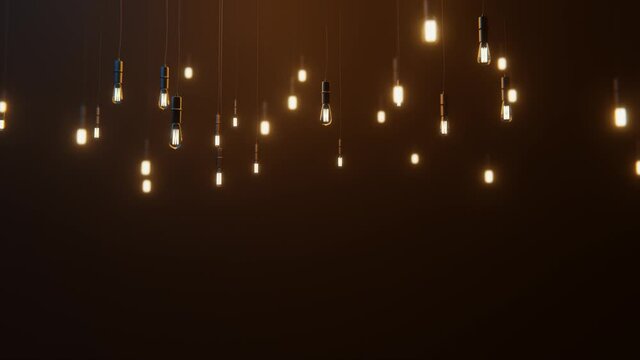 lamps3D led lamps. Idea concept with light bulbs on a black background. 4K animation