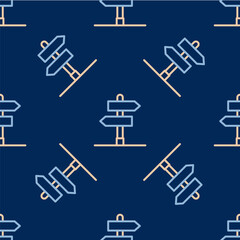 Line Road traffic sign. Signpost icon isolated seamless pattern on blue background. Pointer symbol. Isolated street information sign. Direction sign. Vector
