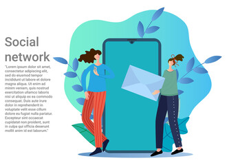 Social network.People on the background of a smartphone and emails are engaged in sending messages to each other.Poster in business style.Flat vector illustration.