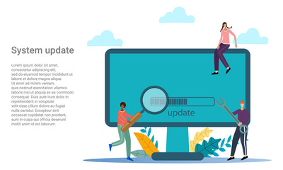 System update.People on the background of a large computer are engaged in updating and configuring the operating system.Poster in business style.Flat vector illustration.
