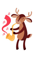 A cute deer plays the saxophone. Musical vector illustration, jazz band composition, animals with musical instruments.