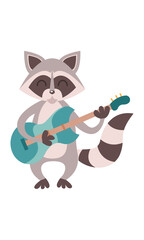 Cute raccoon plays the guitar. Musical vector illustration, jazz band composition, animals with musical instruments.