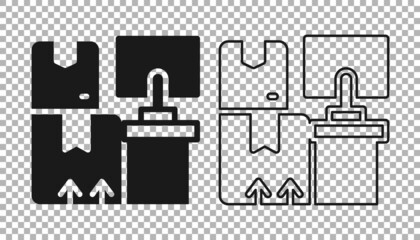 Obraz premium Black Warehouse interior with boxes on racks icon isolated on transparent background. Logistics, cargo, parcel storage postal service. Vector