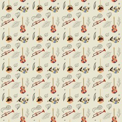Pattern with musical instruments. Guitar, trumpet, Domra.