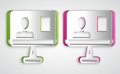 Paper cut Online class icon isolated on grey background. Online education concept. Paper art style. Vector