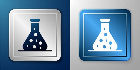 White Test tube and flask chemical laboratory test icon isolated on blue and grey background. Laboratory glassware sign. Silver and blue square button. Vector