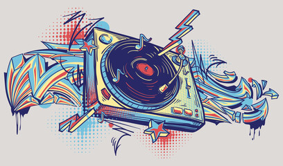Musical turntable and graffiti arrows, colorful funky music design