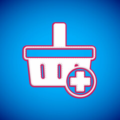 White Add to Shopping basket icon isolated on blue background. Online buying concept. Delivery service. Supermarket basket symbol. Vector